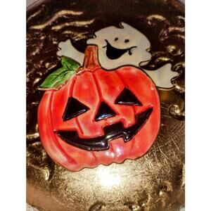Vintage Ceramic Halloween Pumpkin & Ghost Brooch Pin